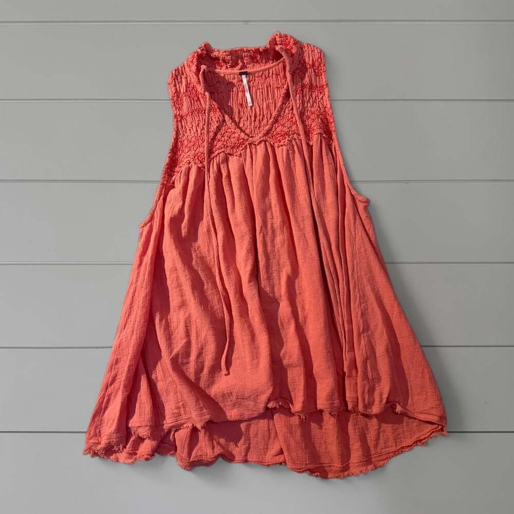 Free People Orange Boho Maxi Top, Smocked Sleeveless Tunic, Size XS